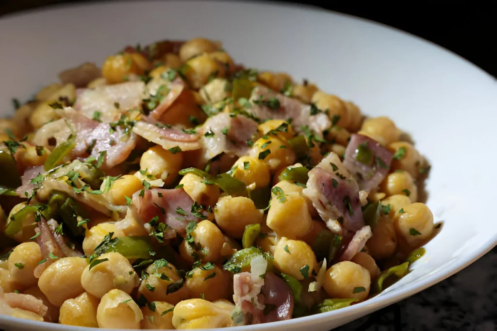 A vibrant bowl of sautéed ceci beans with garlic and olive oil, garnished with fresh parsley, served alongside a colorful salad.