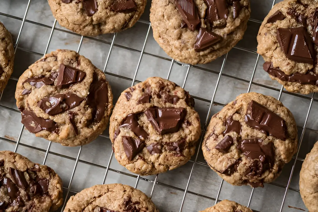 Image of freshly baked chocolate chip cookies on a cooling rack, showcasing their golden-brown edges and melty chocolate chips.