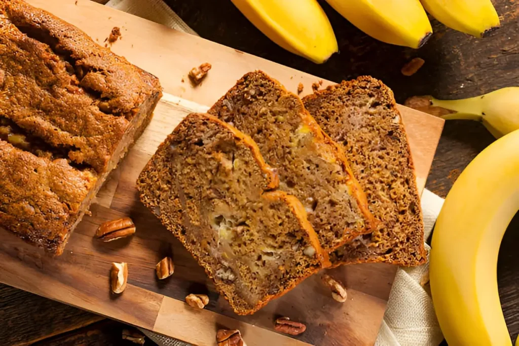 Image of a loaf of Hawaiian banana bread, sliced to reveal its moist texture, with visible chunks of pineapple and macadamia nuts, garnished with a sprig of mint.