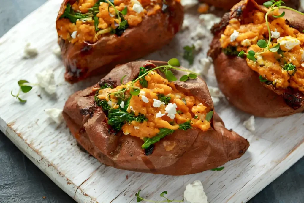 A colorful plate of roasted purple sweet potatoes garnished with herbs and spices.