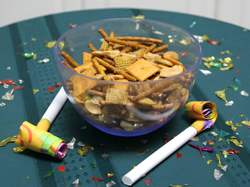 Image of a bowl filled with Sweet Chex Mix, showcasing a colorful assortment of Chex cereals, chocolate morsels, pretzels, and nuts, all glistening with a sugary coating.