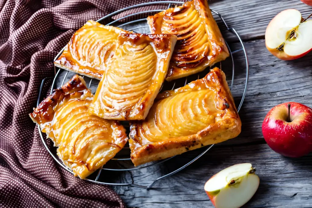 Image of a freshly baked apple puff pastry, golden-brown and flaky, showcasing a generous filling of spiced apple slices, garnished with a dusting of powdered sugar.