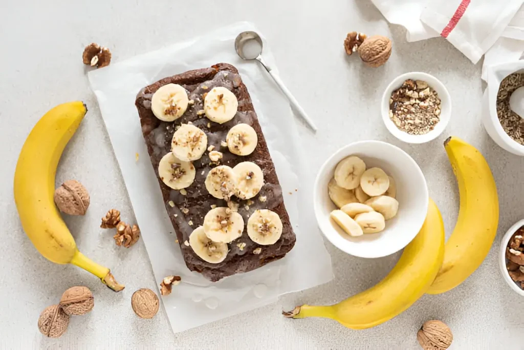 Image of a batch of banana brownies, cut into squares and presented on a plate, showcasing their rich, chocolatey texture with a hint of banana.