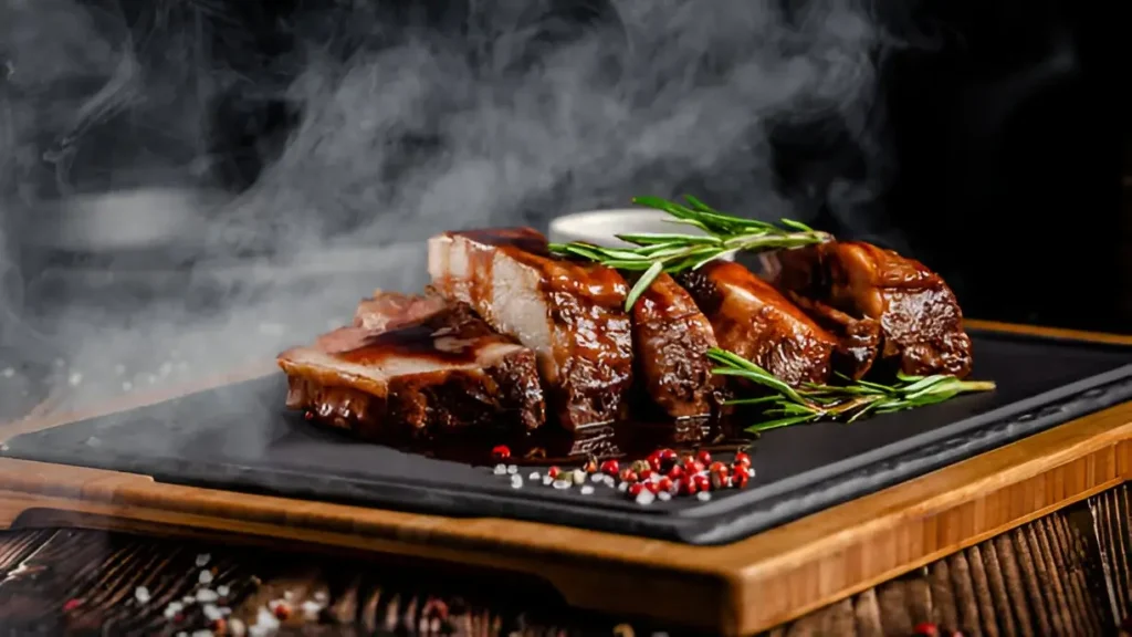 Beef back ribs seasoned and grilled to perfection, served with coleslaw and cornbread on a festive BBQ platter.