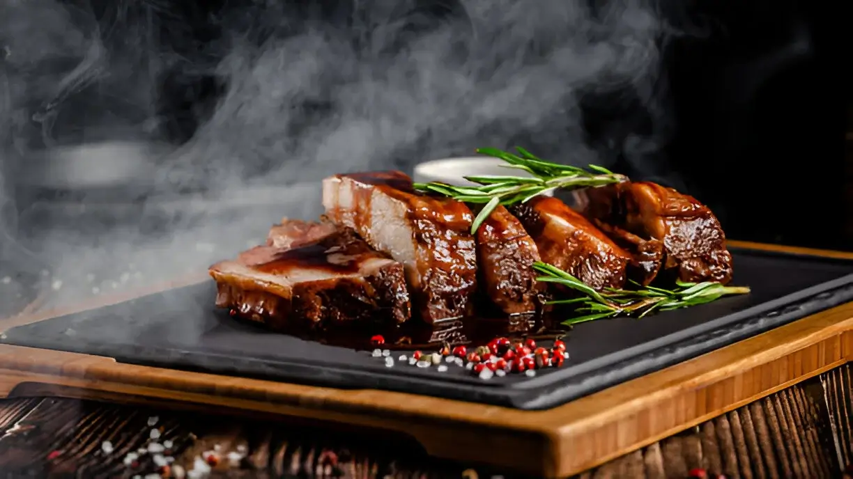 Beef back ribs seasoned and grilled to perfection, served with coleslaw and cornbread on a festive BBQ platter.