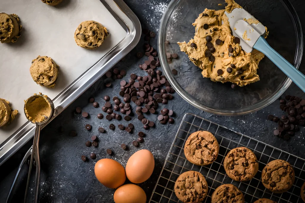 A plate of freshly baked no butter cookies with chocolate chips and oats, showcasing a variety of flavors.