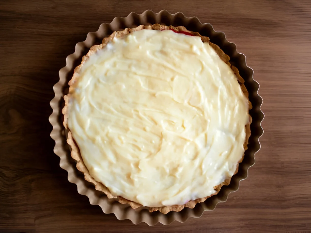 Cream cheese filling in a bowl, with ingredients like sugar and vanilla extract surrounding it.