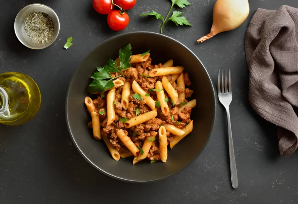 A plate of creamy French Onion Pasta topped with caramelized onions and melted cheese, garnished with fresh herbs.