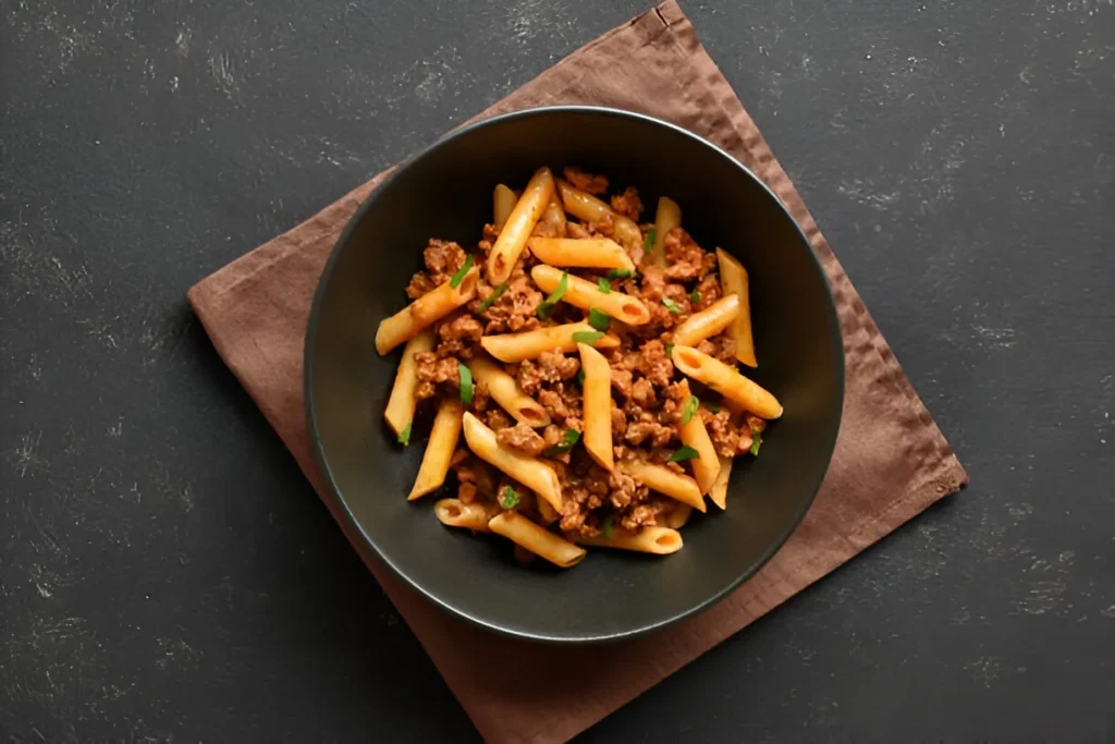 A plate of creamy French Onion Pasta topped with caramelized onions and melted cheese, garnished with fresh herbs.