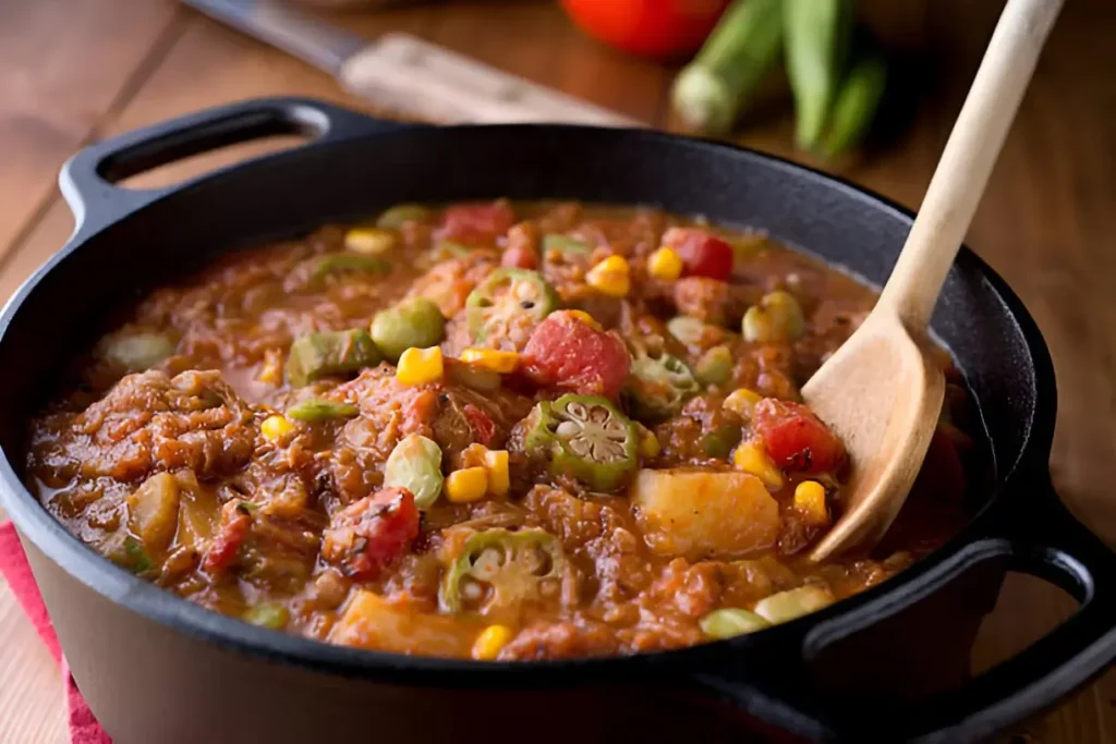 Bowl of homemade old fashioned vegetable beef soup with fresh vegetables and herbs.