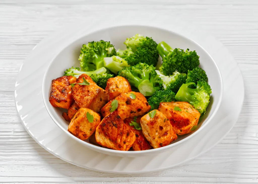 Crispy salmon bites served with dipping sauces on a platter.