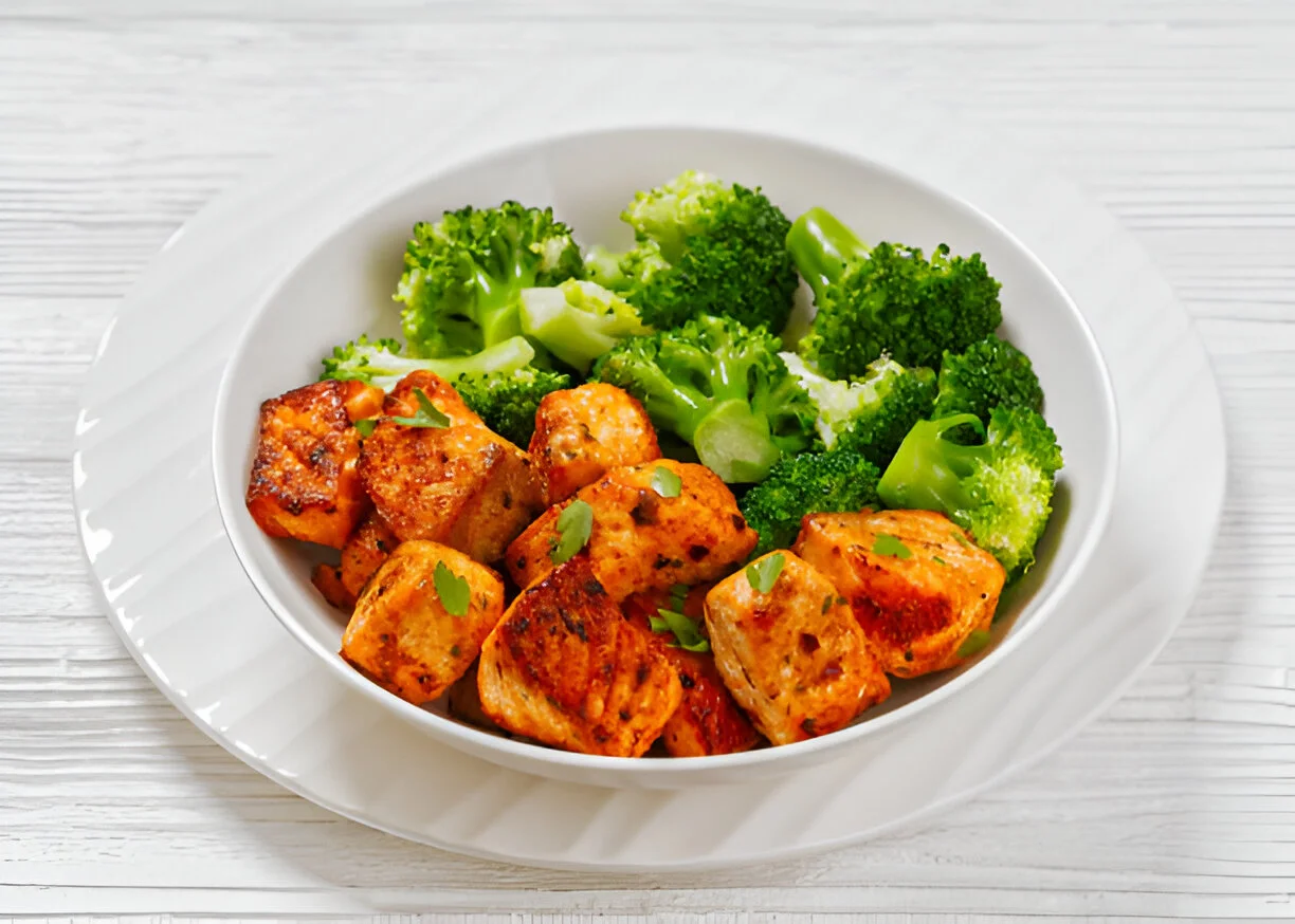 Crispy salmon bites served with dipping sauces on a platter.