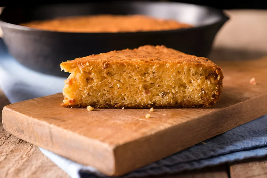 A golden-brown Southern cornbread loaf served on a rustic wooden table, garnished with butter and fresh herbs.