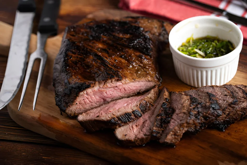 Deliciously grilled tri tip steak served with colorful grilled vegetables and a side of chimichurri sauce.