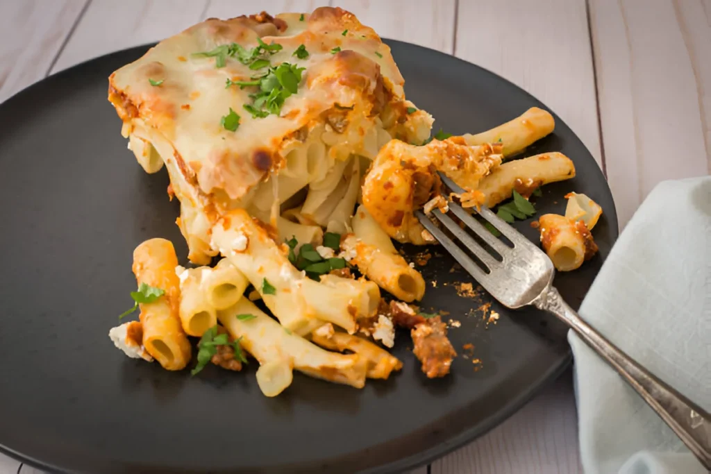 A hearty baked ziti dish topped with melted cheese and fresh basil, served in a baking dish.