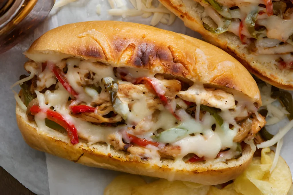 A delicious chicken cheesesteak sandwich filled with grilled chicken, melted cheese, sautéed bell peppers, and onions on a toasted hoagie roll.