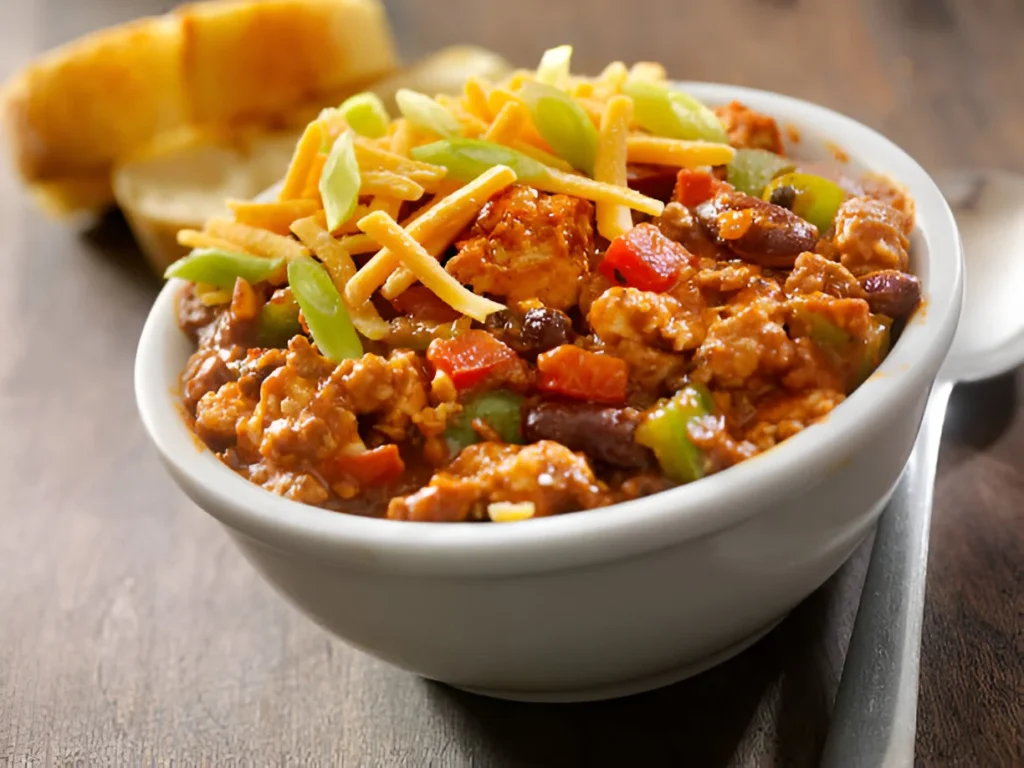 A hearty bowl of ground chicken chili topped with avocado and cheese, served with a side of tortilla chips.