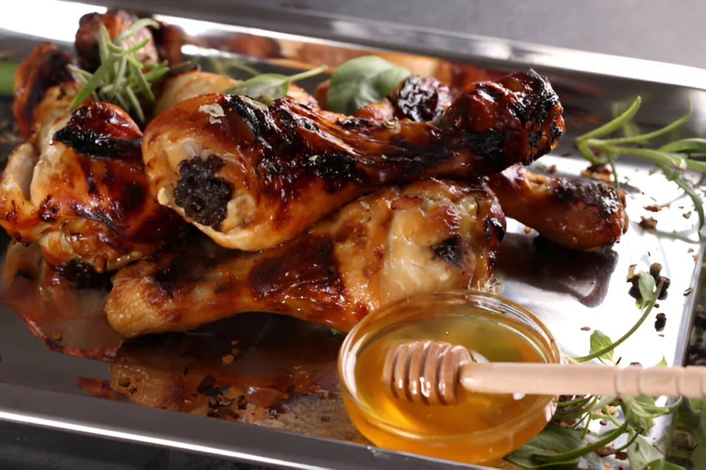 A plate of hot honey chicken drizzled with a golden glaze, garnished with fresh herbs, served with rice and roasted vegetables.