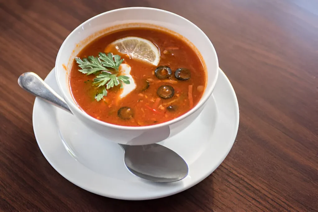 A bowl of homemade tomato soup garnished with fresh basil and served with crusty bread.