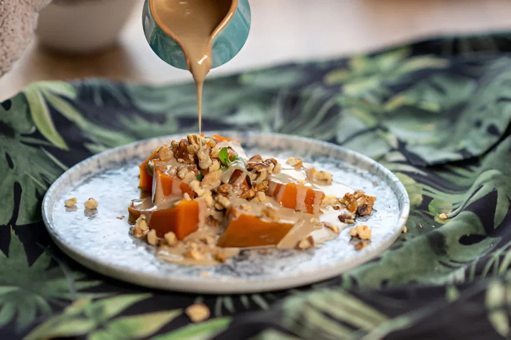 A slice of pumpkin dump cake topped with whipped cream and a drizzle of caramel sauce, served on a rustic wooden table.