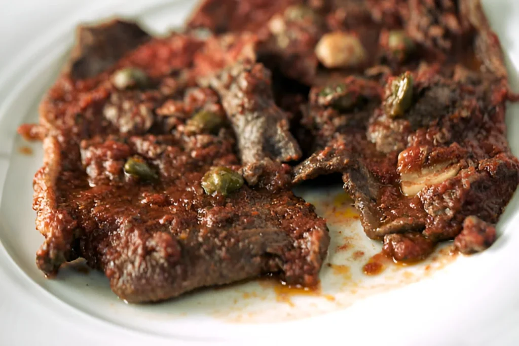 A beautifully plated Steak Pizzaiola topped with fresh herbs, served with crusty bread and a side salad.